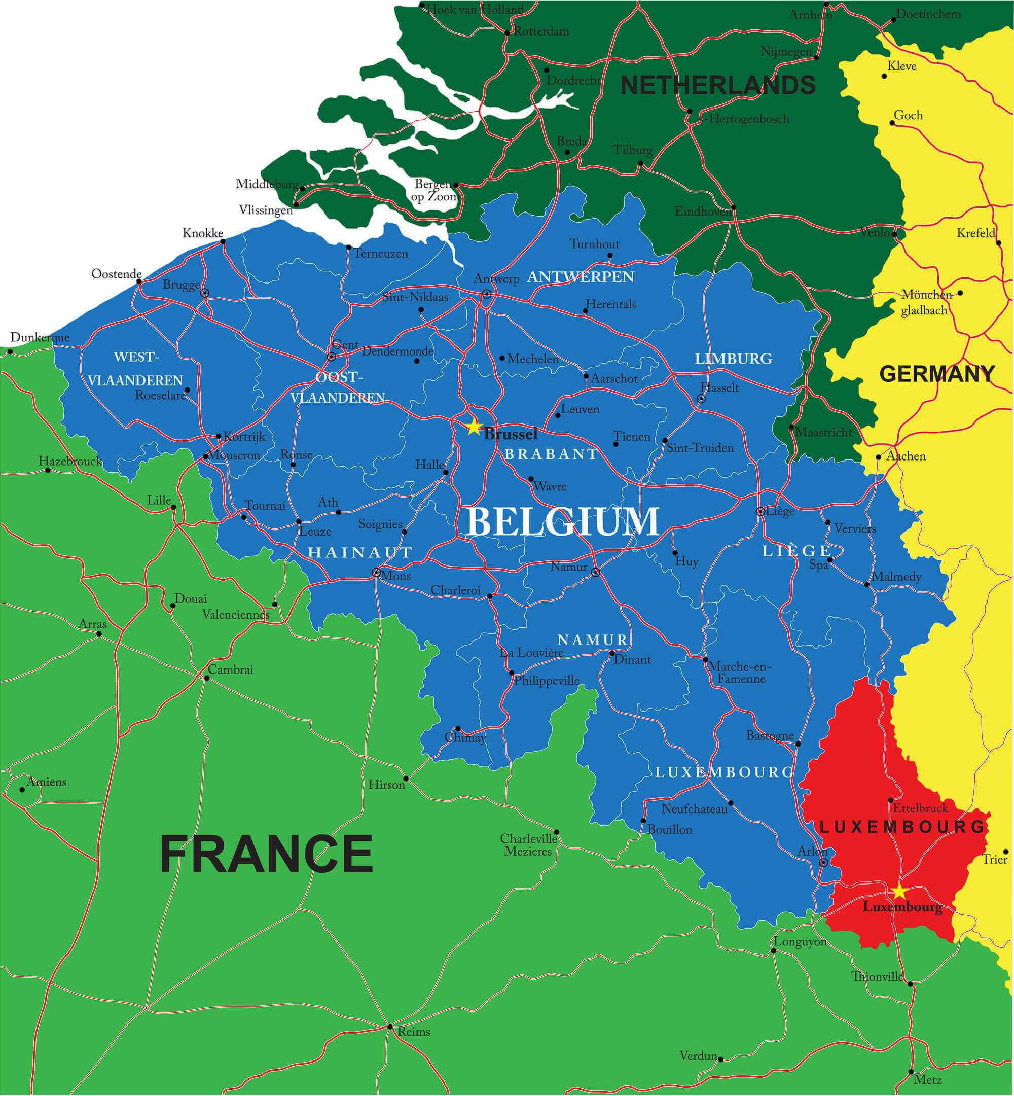 Carte des grandes villes de Belgique avec routes