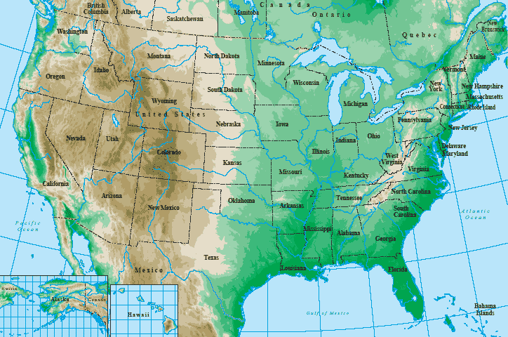 etats unis physique carte