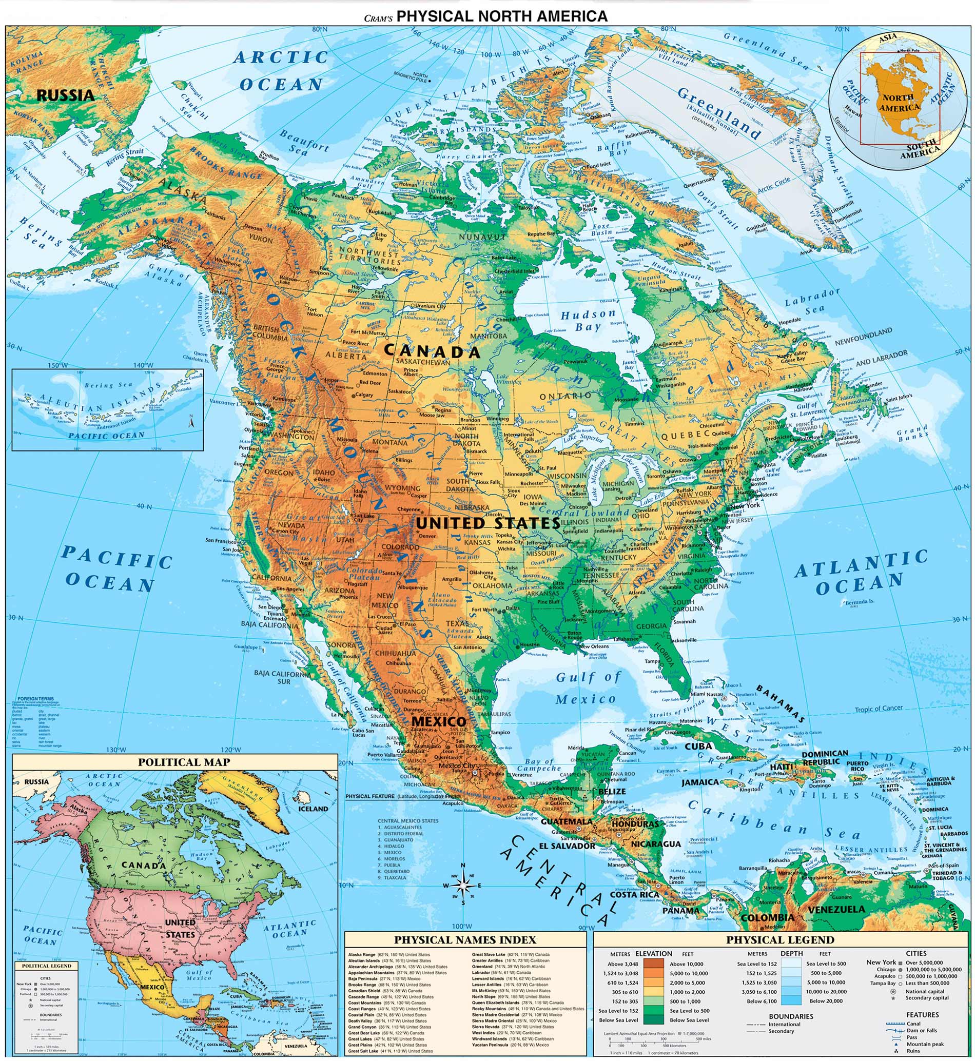 nord Amerique centrale physique carte