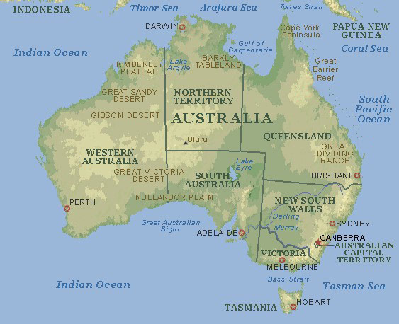australie physique carte