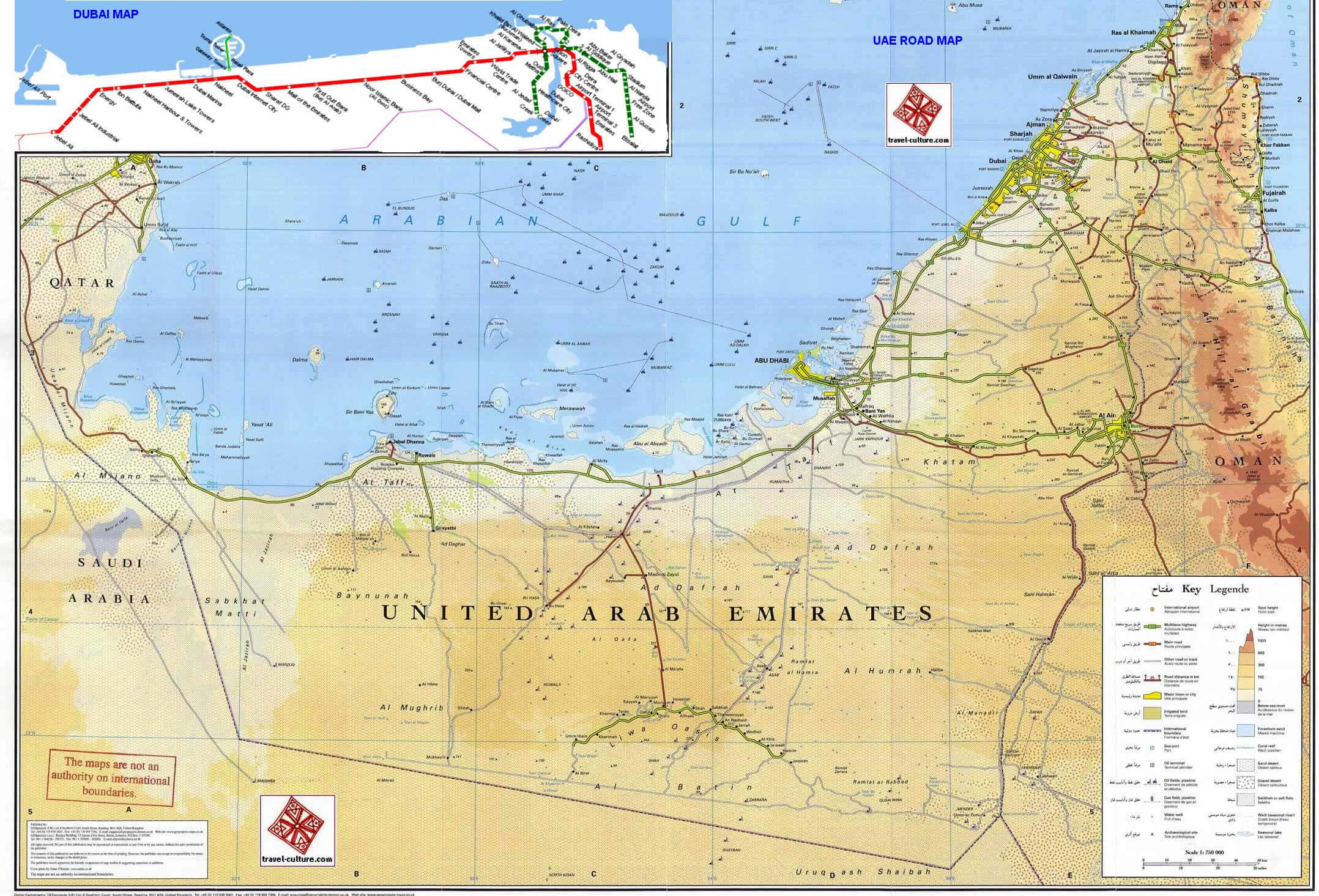Carte physique des Émirats Arabes Unis avec le métro de Dubaï