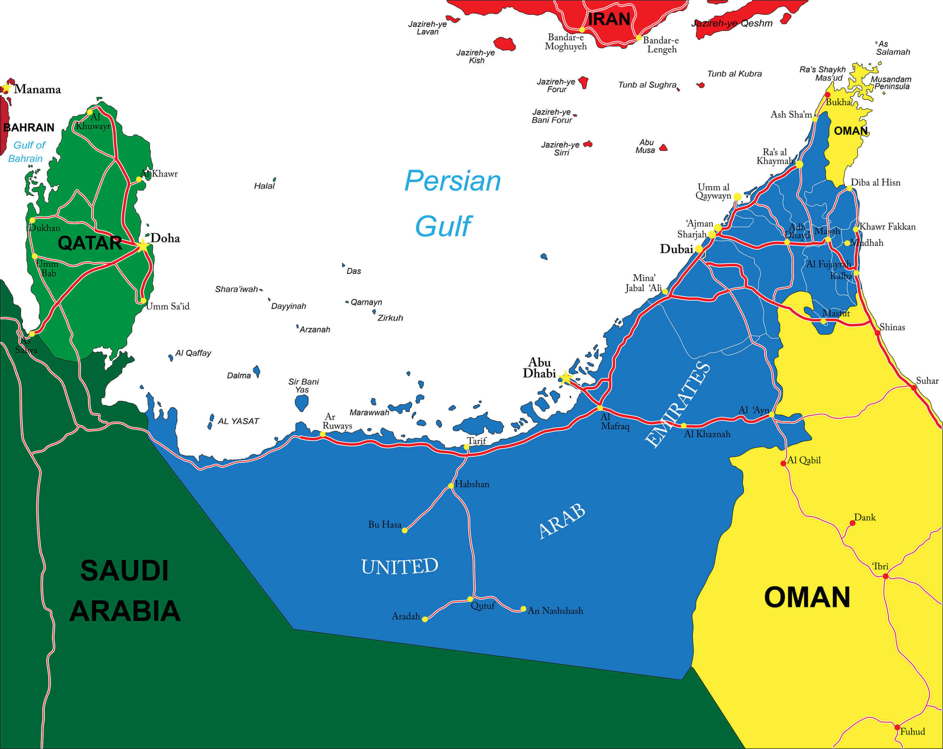 Carte politique des Émirats Arabes Unis avec les villes