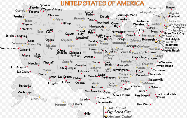 Etats Unis Majeur Capital Villes Carte