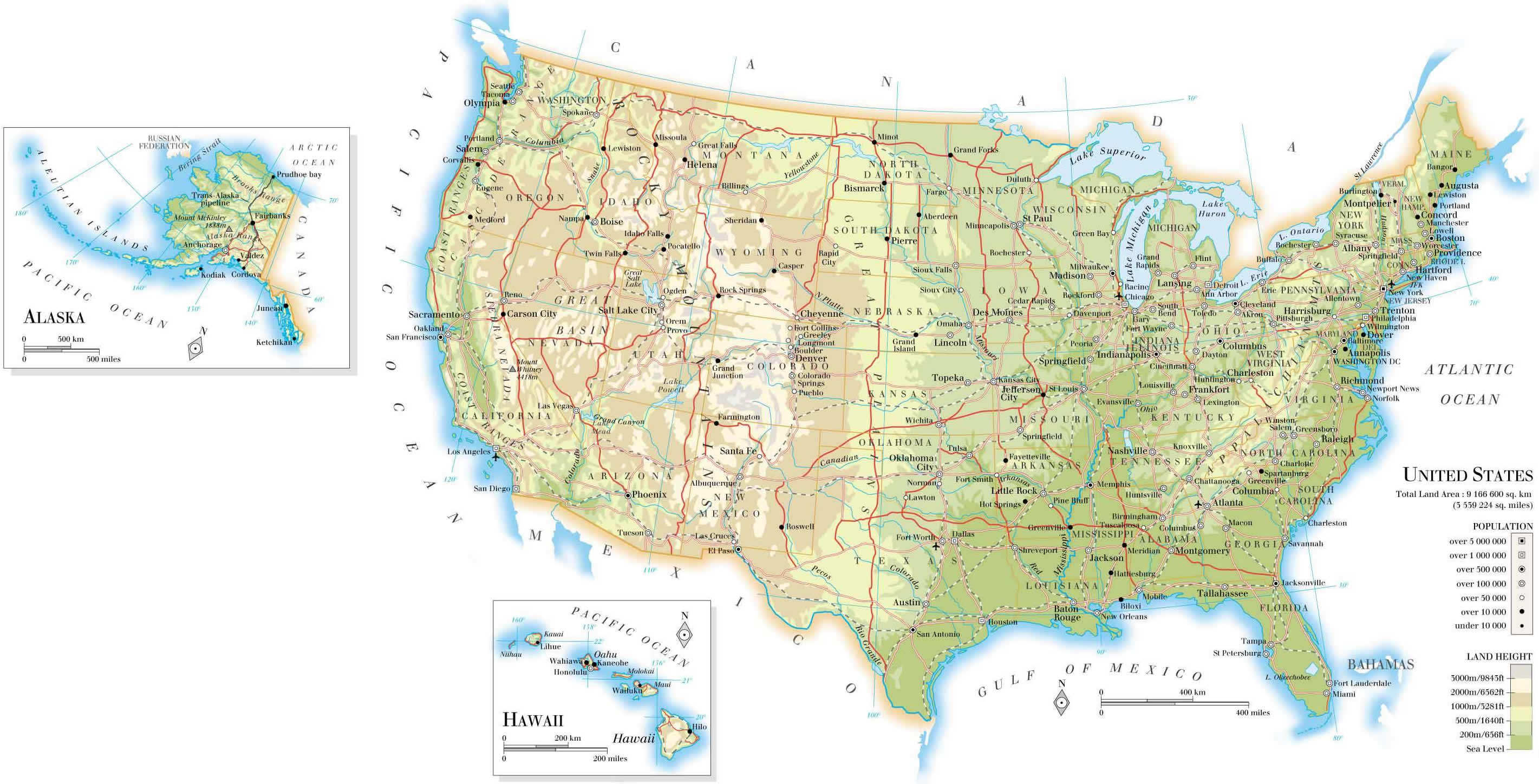 Etats Unis Population Land Height Carte
