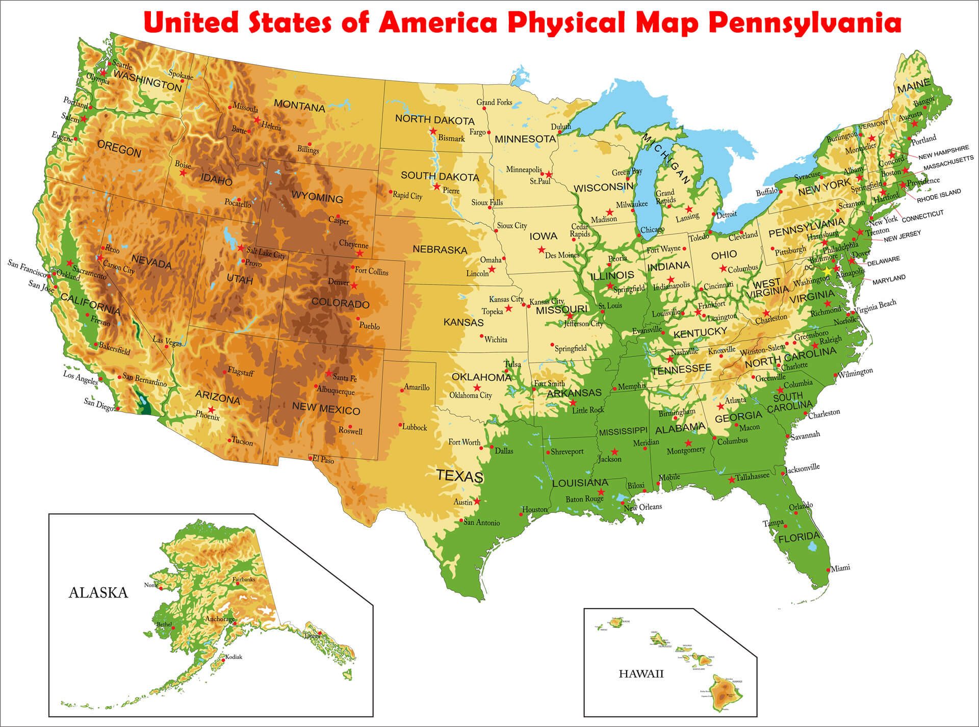 les etats unis d'amerique physique carte pennsylvania