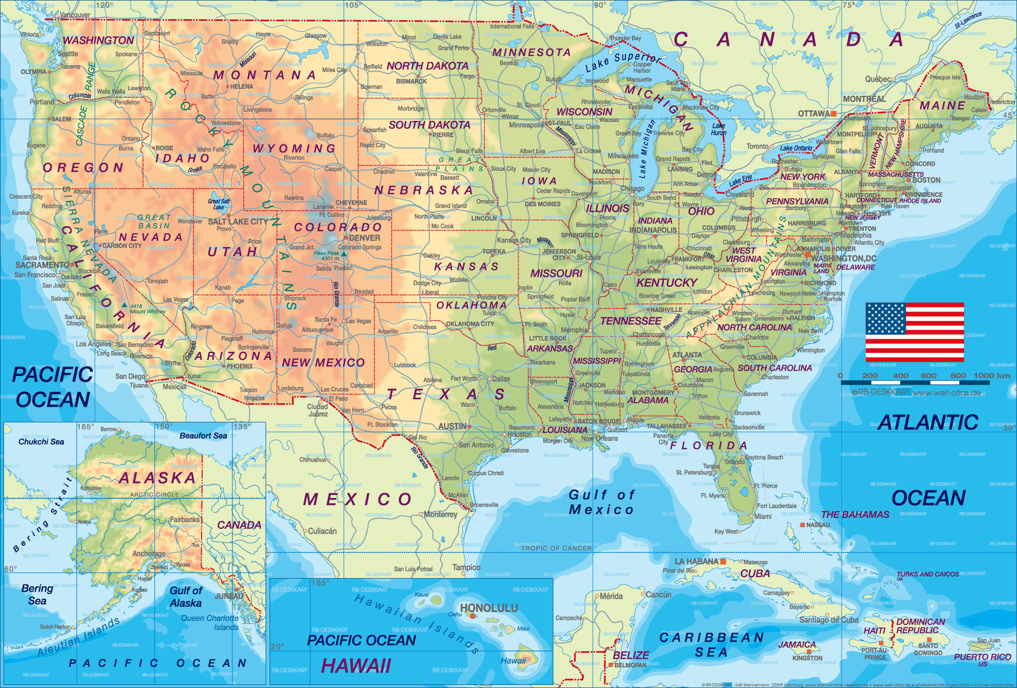 Physique Carte du Etats Unis