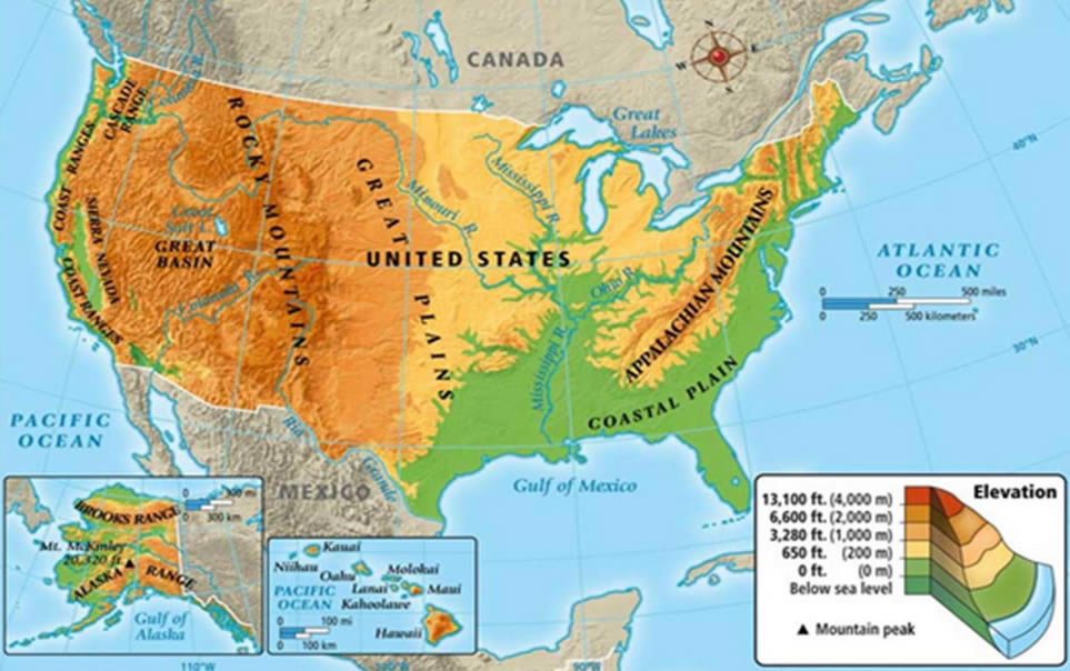 Physique Geography Carte du Etats Unis