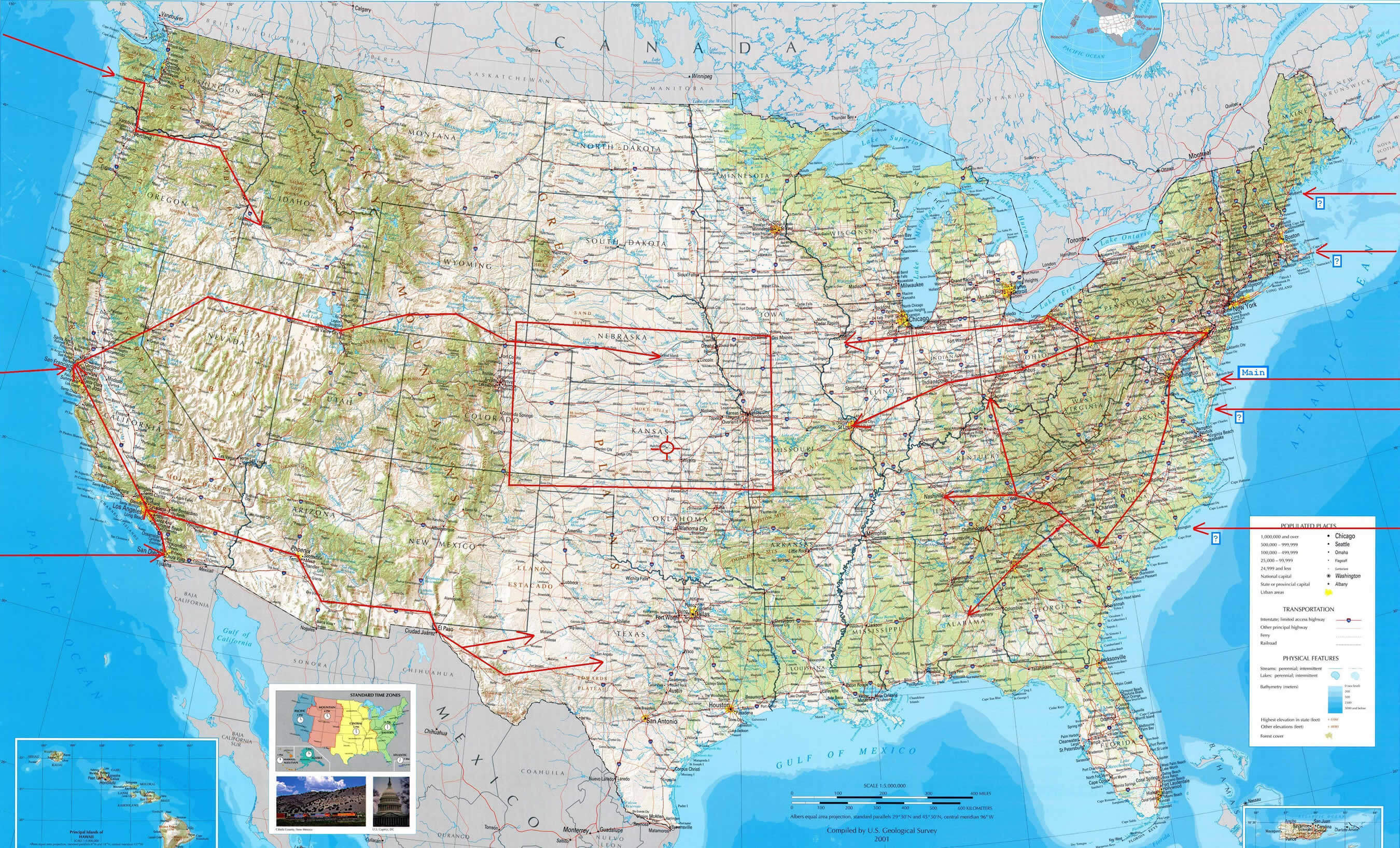 USA Population Transport Physique Carte