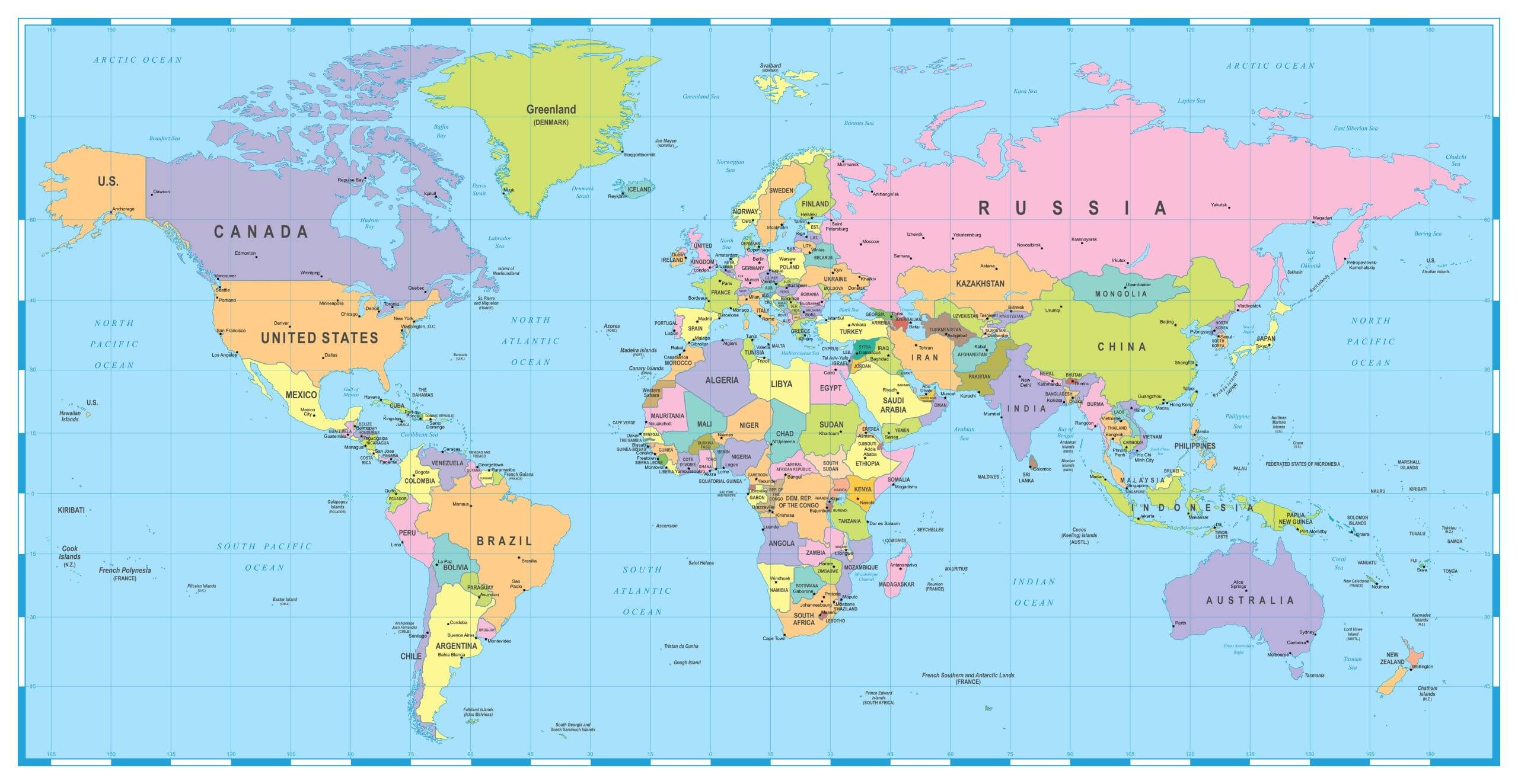 Carte du Monde avec pays capitales villes