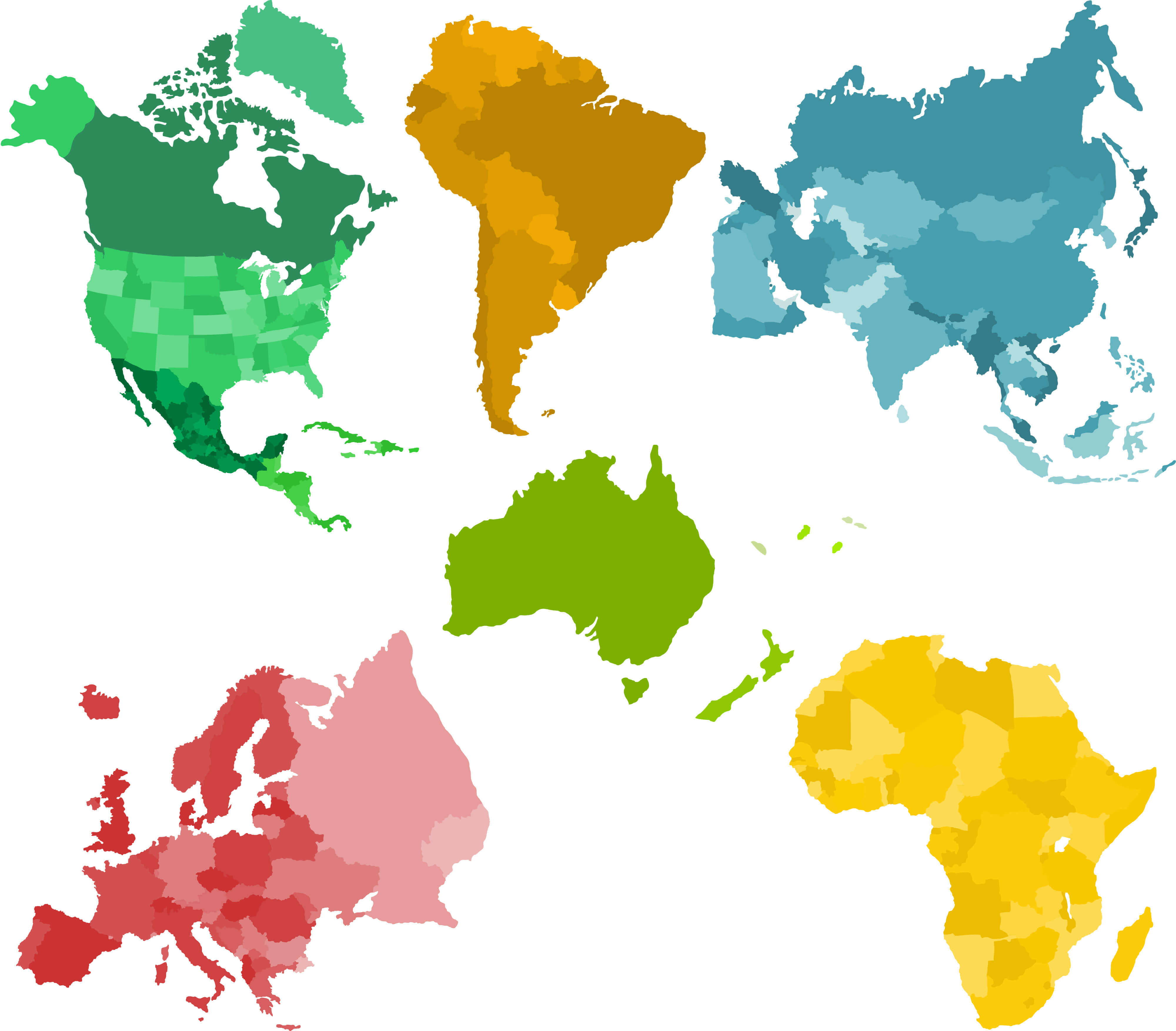 Carte du Monde 6 continents