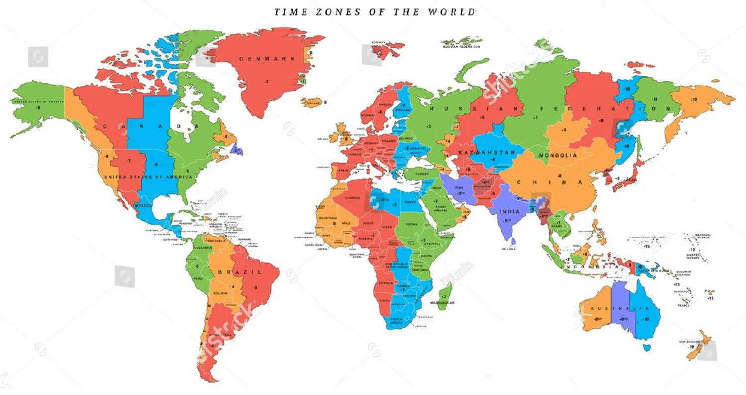 Carte des fuseaux horaires du Monde  avec les pays