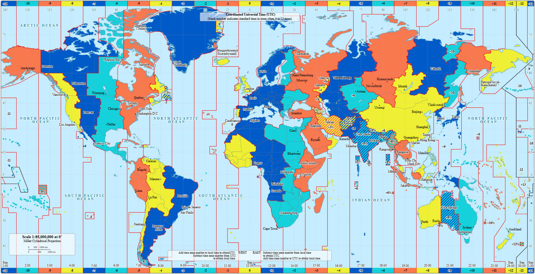 Carte des fuseaux horaires du Monde utc