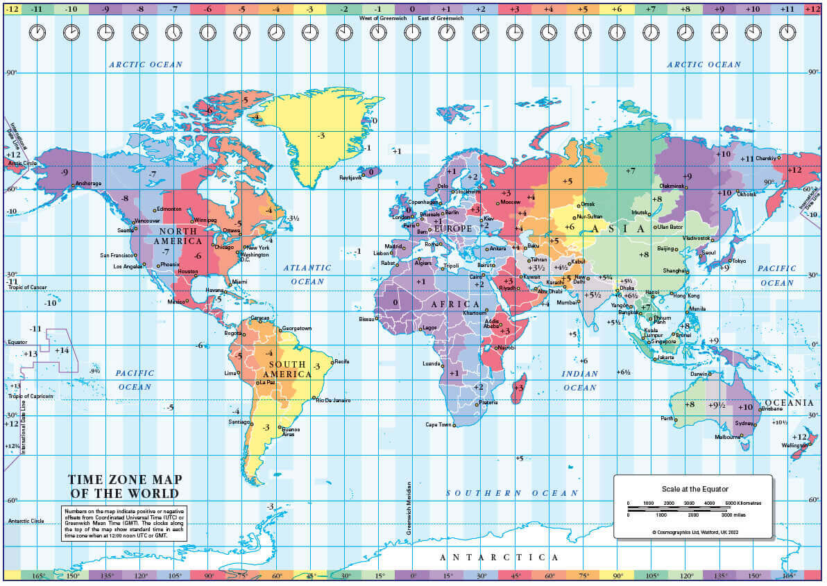 Carte fuseaux horaires continents du Monde avec Afrique