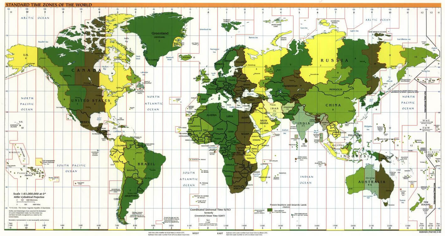 Carte fuseaux horaires standard du Monde