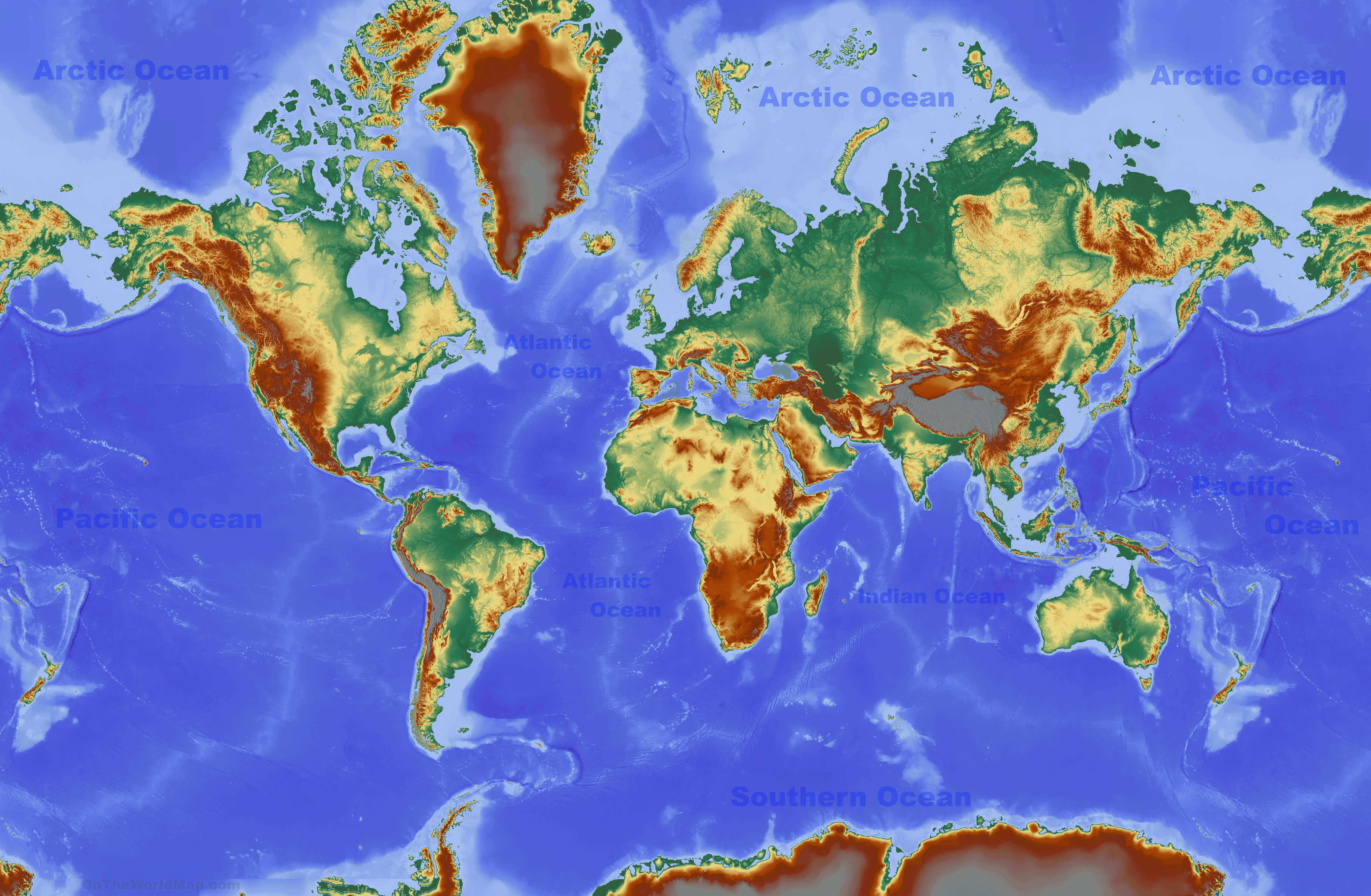 Grande carte physique du Monde
