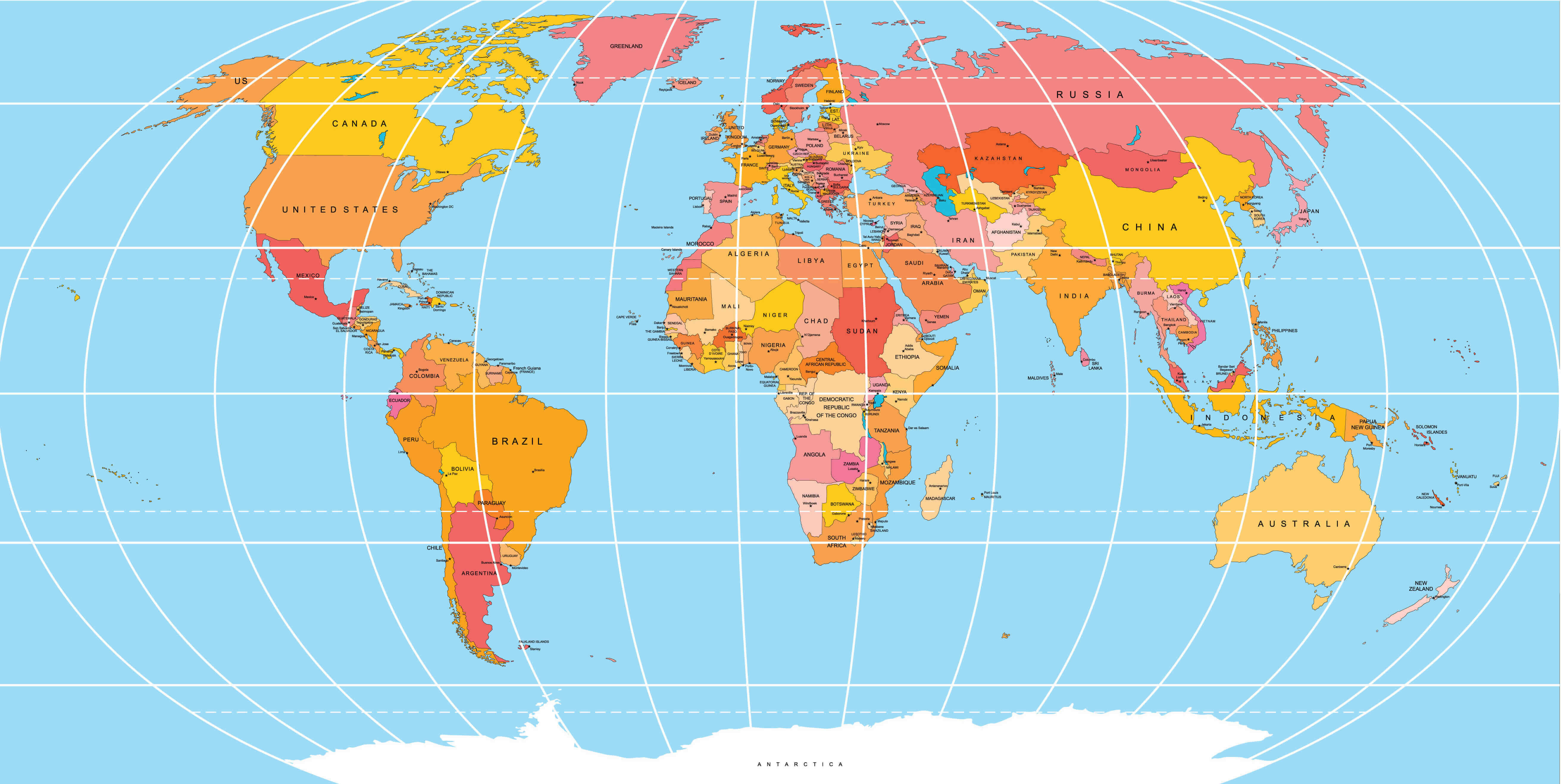 Grande carte politique du Monde avec longitude latitude