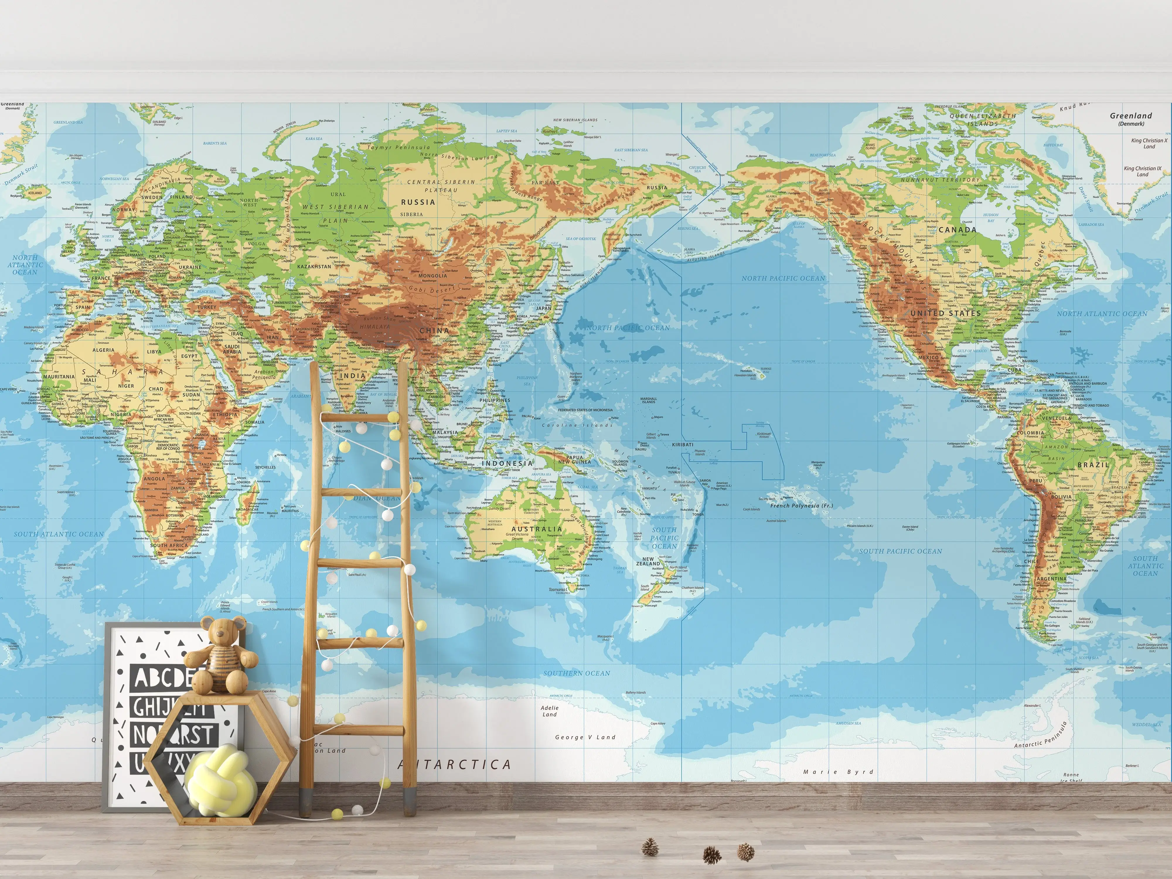 Fond ecran carte du Monde vue pacifique physique topographique