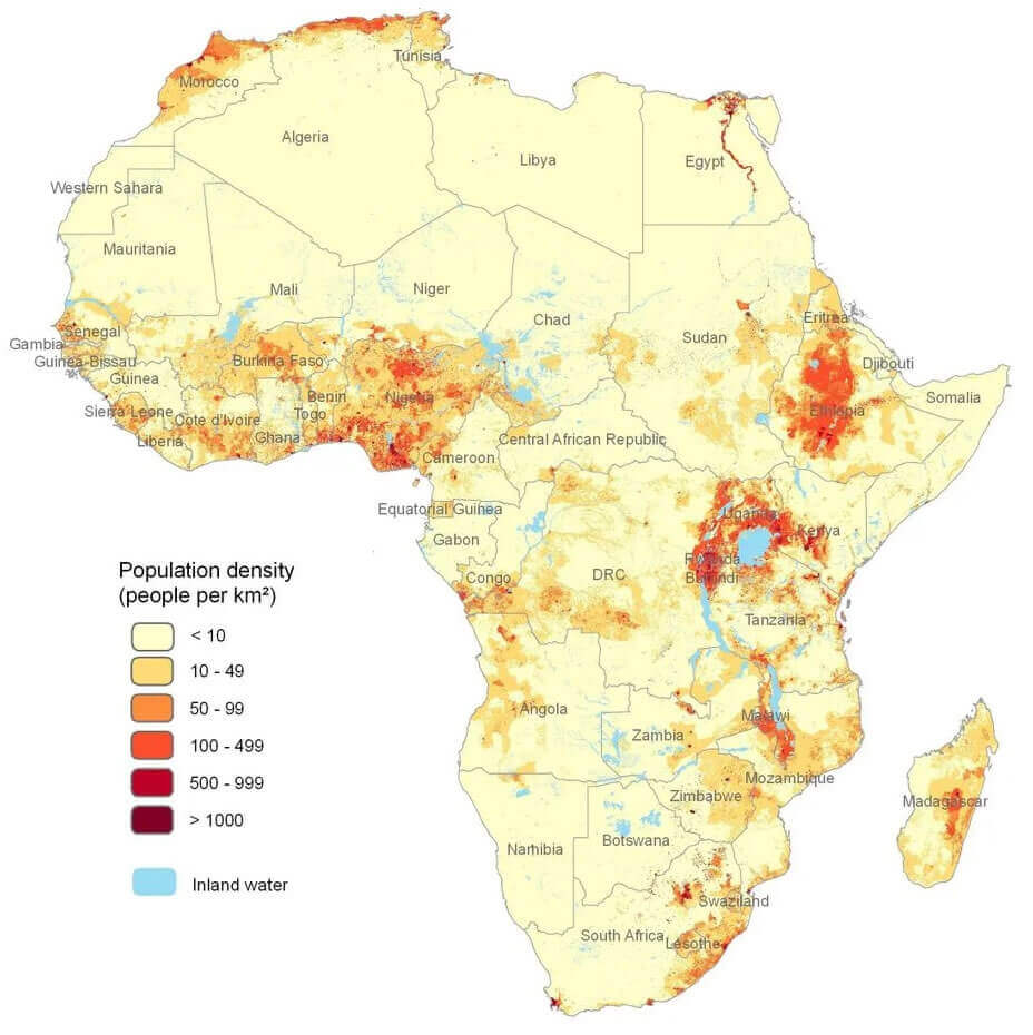Carte densite de population en Afrique