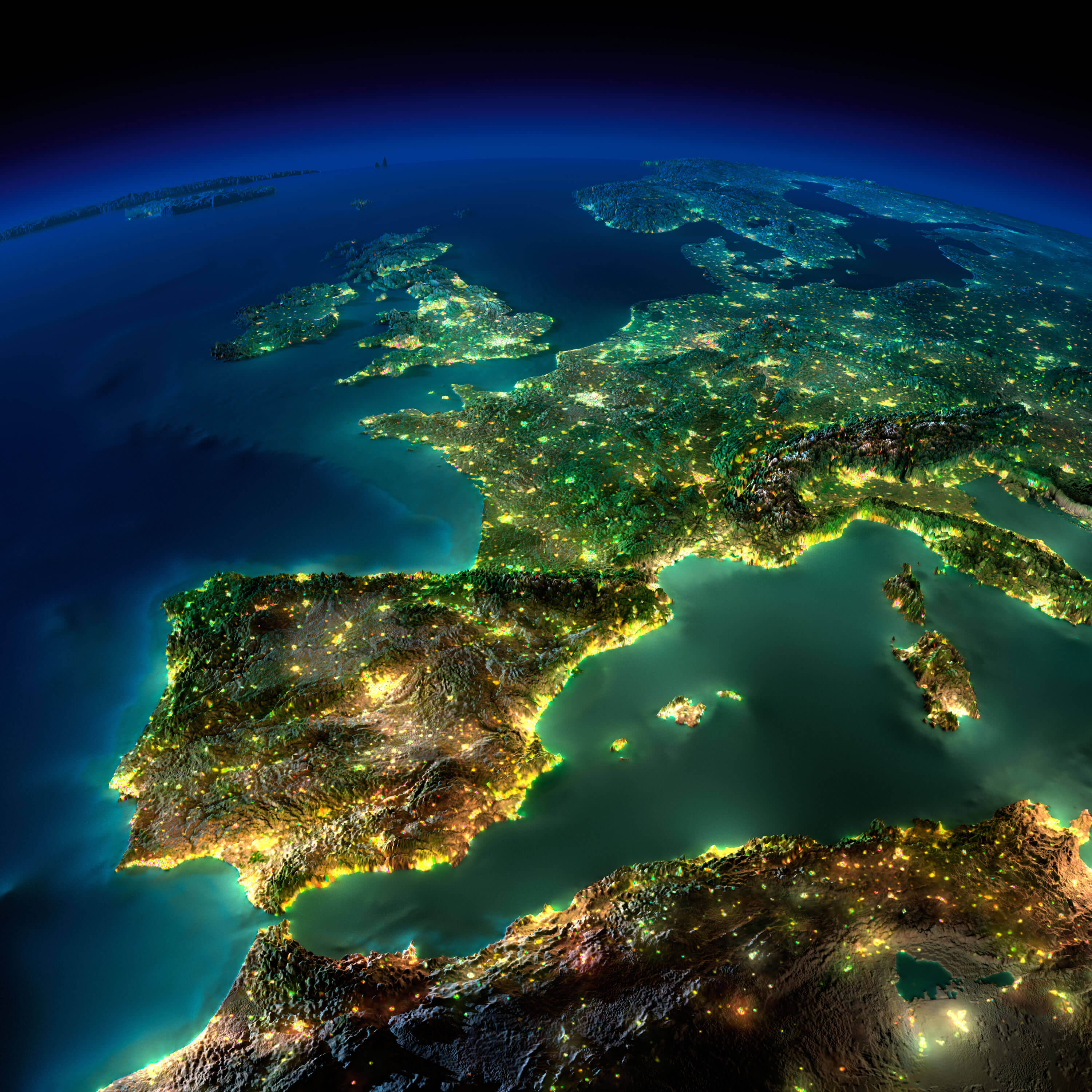 Carte satellite du Monde Europe de nuit