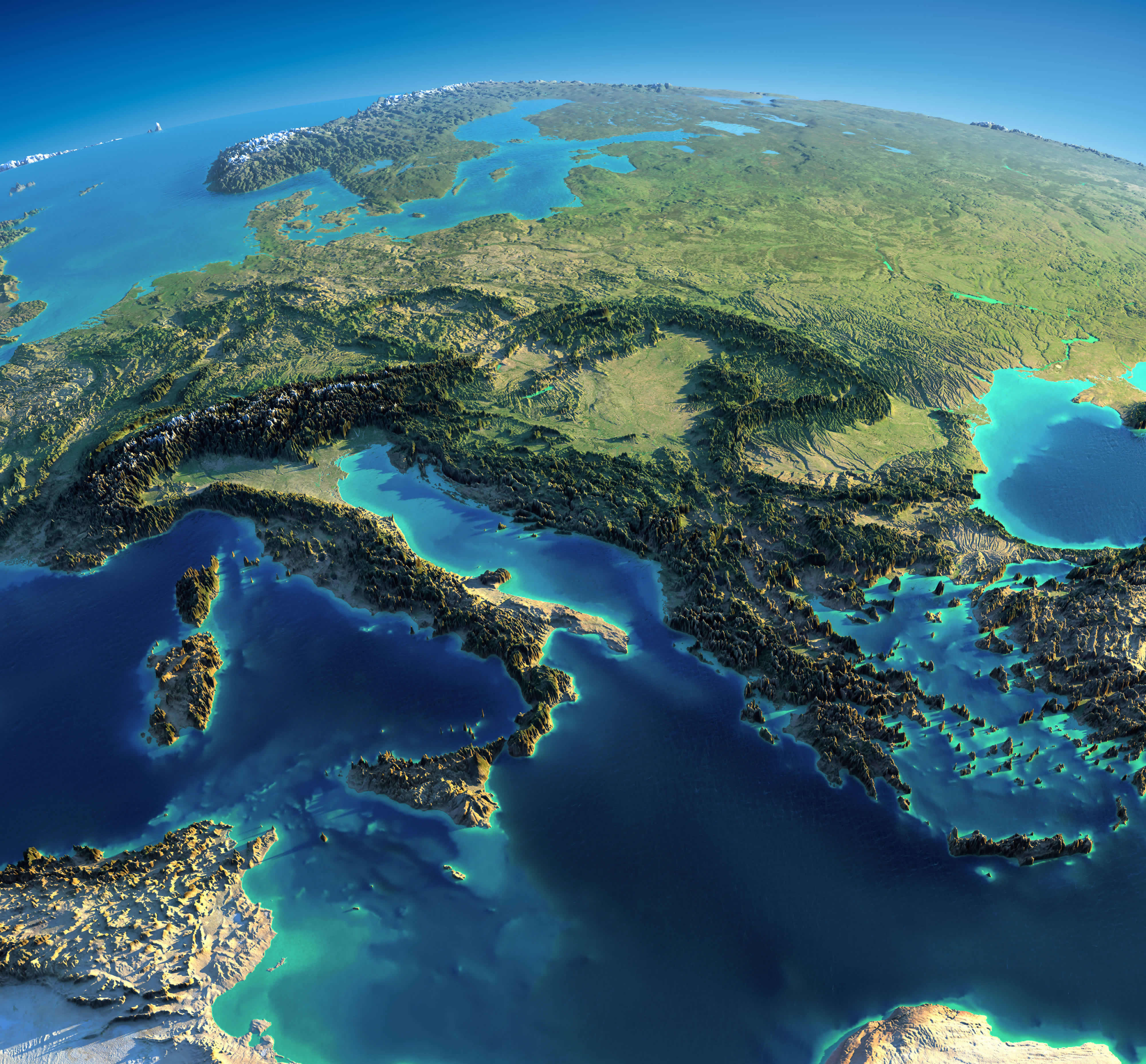 Carte satellite du Monde Europe italie grece mediterranee