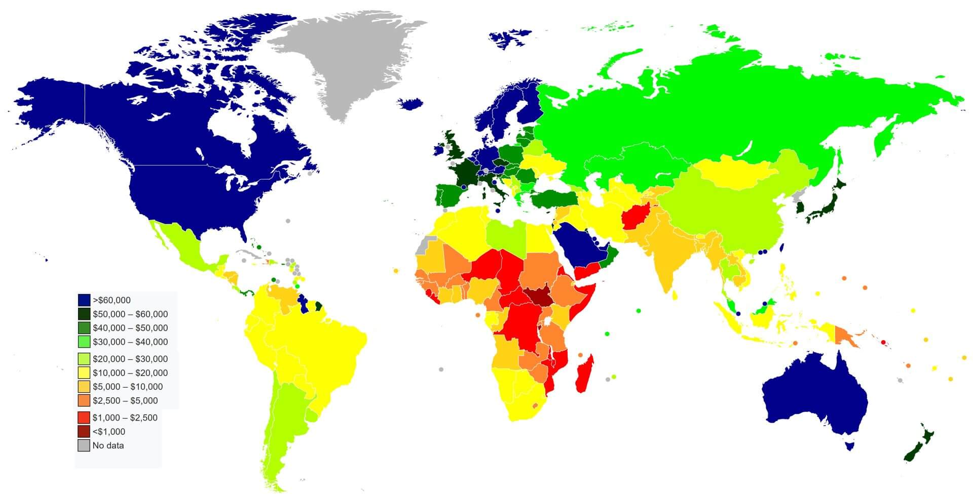 Carte du Monde pays par pib par habitant 2023