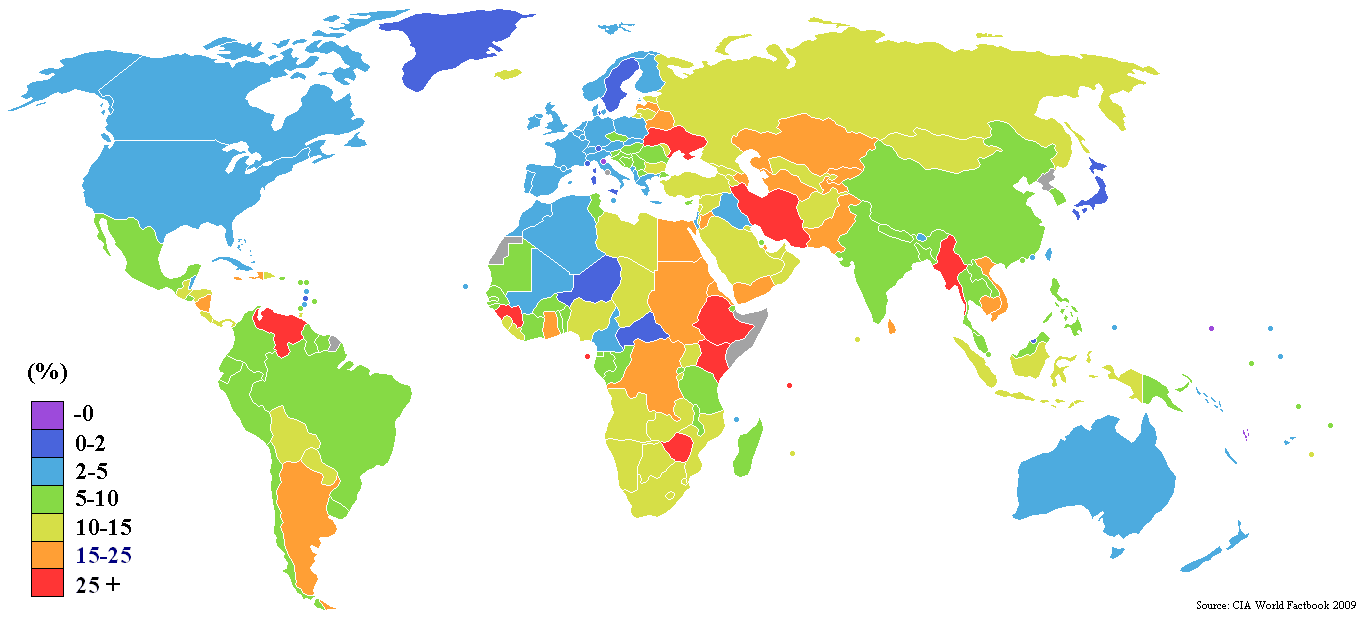 Carte du Monde taux dinflation par pays