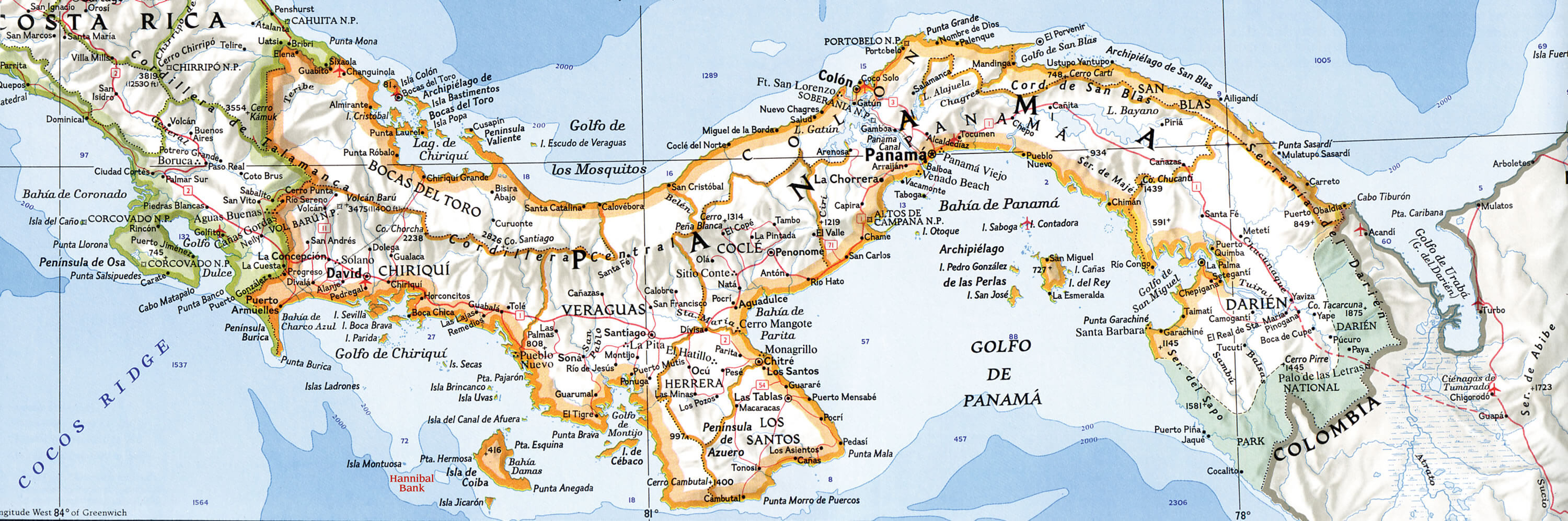 Carte Physique du Panama Towns