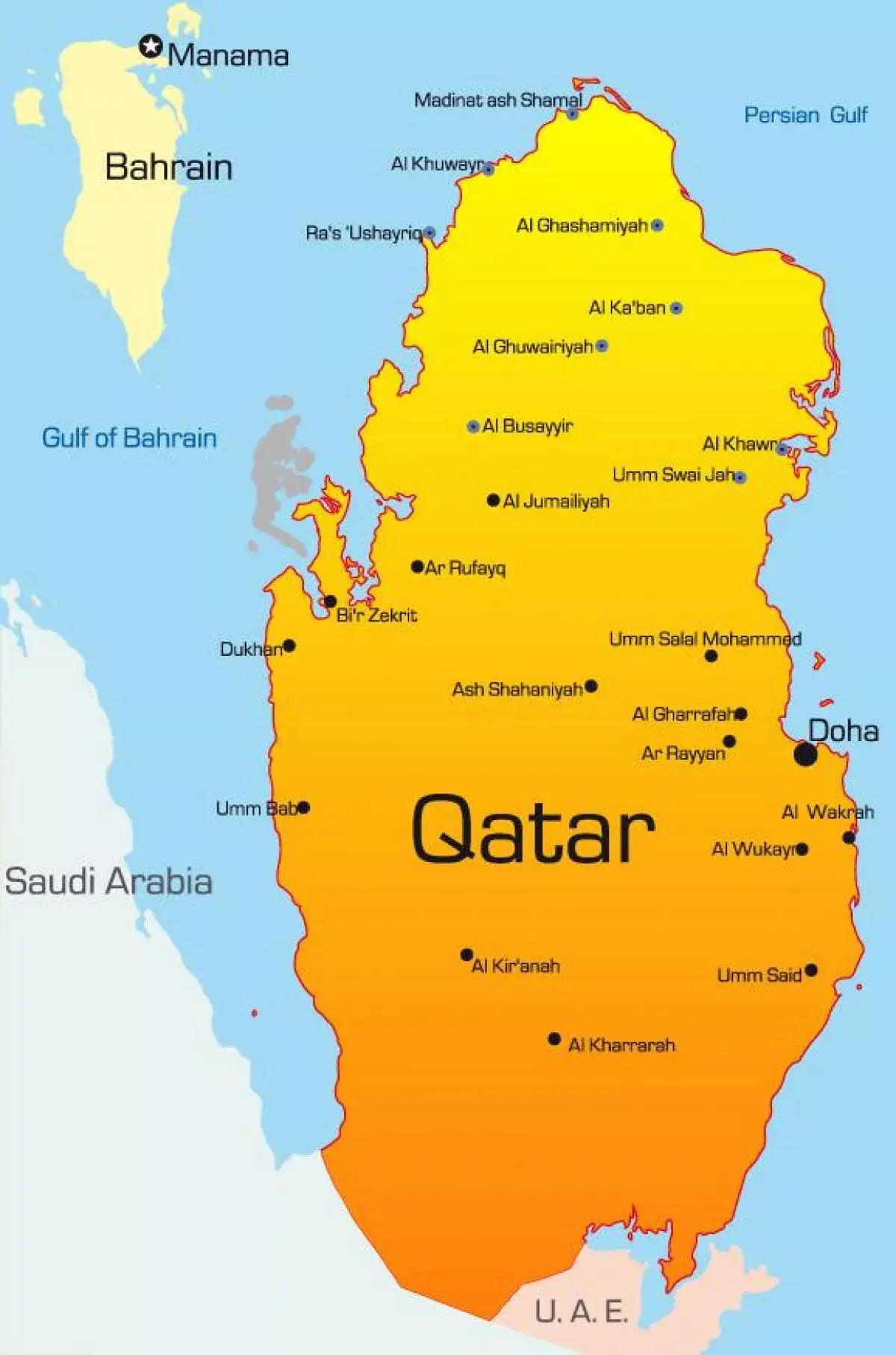 Carte des principales villes du Qatar
